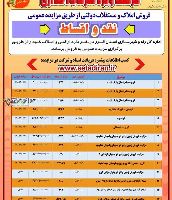 ️ آگهی فراخوان عمومی مزایده املاک اداره کل راه و شهرسازی استان البرز